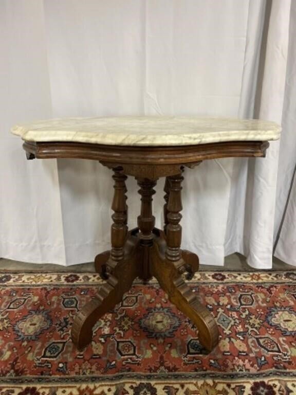 Victorian Turtle Top Marble Top Table, 29.5"H,