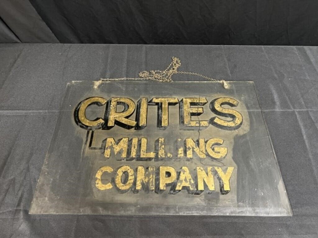 Reverse Painted Glass Hanging Window Sign, "Crites