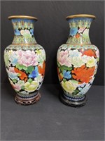 Pair of Cloisonne' Vases 16.5"H Including Teak
