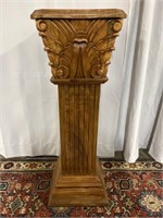 Carved Wooden Pedestal with Marble Inset Top