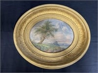 Oval Framed Watercolor in a Heavy Gold Frame,