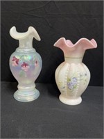 2 Hand Painted Fenton Vases, 7 3/4"H & 8 3/4"H