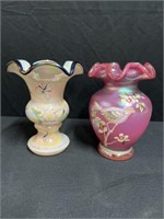 2 Hand Painted Fenton Vases, Each 6 3/4"H