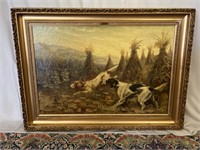 Large oil on Canvas "Hunt Scene" Signed M.C.