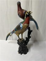 Pair of Cloisonne' Birds Perched upon a Wood
