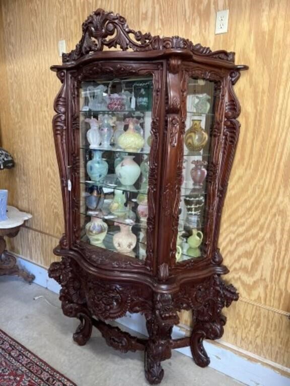 Highly Carved 2 Piece Lighted Display Cabinet with