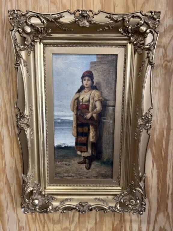 Oil on Canvas Painting of a Girl with a Lute,