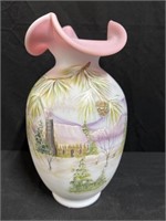 Hand Painted Fenton Burmese Vase 10" H