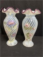 Pair of Hand Painted Fenton Vases 10.5"H