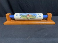 Art Pottery Rolling Pin & Wood Holder, Signed