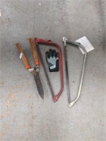 Two hand saws, hedge clippers, kobalt glove