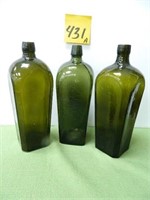 (3) Antique Green Gin Bottles