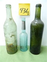 (3) Bottles - (2) are hand blown green bottles;