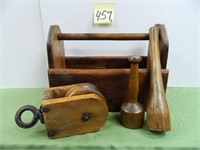 Primitive Wood Tote, Wood Mashers & Wood Pulley