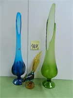 24" Green Glass Vase, 22" Blue Vase &