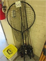 (10) Fishing Poles, Minnow Bucket & Fish Net