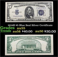 1934D $5 Blue Seal Silver Certificate Grades Choic