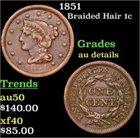 1851 Braided Hair Large Cent 1c Grades AU Details