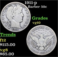 1911-p Barber Half Dollars 50c Grades vg+