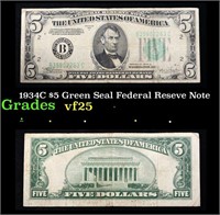 1934C $5 Green Seal Federal Reseve Note Grades vf+