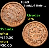 1848 Braided Hair Large Cent 1c Grades vf+