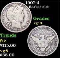 1907-d Barber Half Dollars 50c Grades vg+