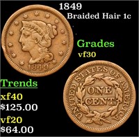 1849 Braided Hair Large Cent 1c Grades vf++