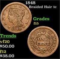 1848 Braided Hair Large Cent 1c Grades f+