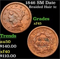 1846 SM Date Braided Hair Large Cent 1c Grades xf+