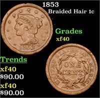 1853 Braided Hair Large Cent 1c Grades xf