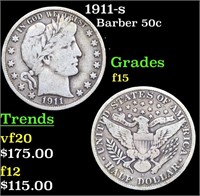1911-s Barber Half Dollars 50c Grades f+