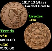 1817 13 Stars Coronet Head Large Cent 1c Grades vf