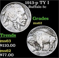 1913-p TY I Buffalo Nickel 5c Grades Select Unc