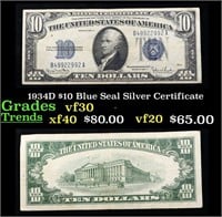 1934D $10 Blue Seal Silver Certificate Grades vf++