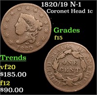 1820/19 Coronet Head Large Cent N-1 1c Grades f+