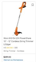 Worx Wg154 20v Powershare 10" Cordless String