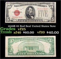 1928B $5 Red Seal United States Note Grades vf+
