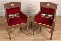 Pair Mughal Style Chip Carved Chairs, Brass Lions