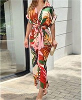 Lapel Tie Leaf Print Dress MEDIUM $72