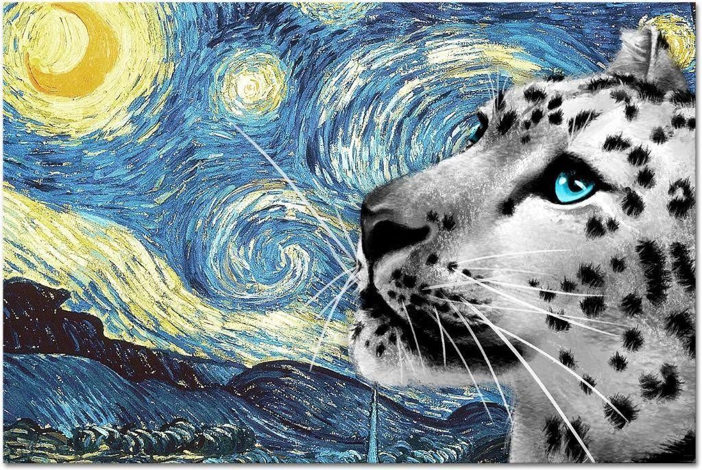 24"x36" Black and White Leopard with Blue Eyes