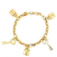 $3800 18k Gold Lock & Key Charm Link Bracelet