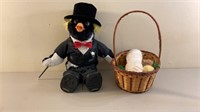 Stuffed Penguin and Basket with Yarn