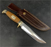 Halcon knife with burl handle, correct leather