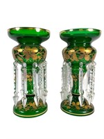 Antique Emerald Bohemian Glass Mantle Lusters