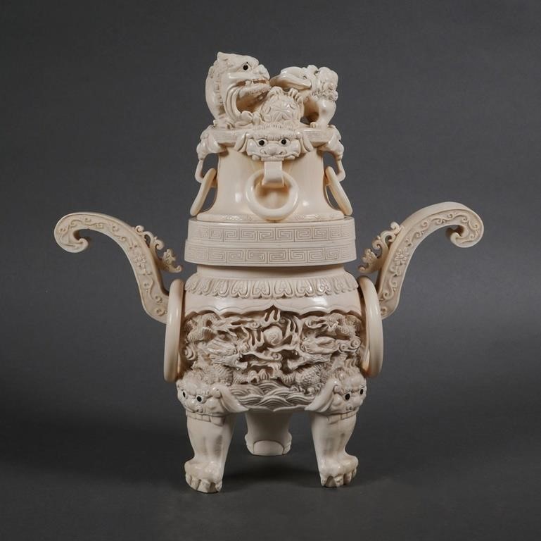 Antique Chinese Dragon Lion Censer Signed
