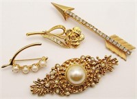 (4) Vintage Gold Tone Brooches