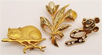 (3) Gold Tone Vintage Brooches; Disney Mickey