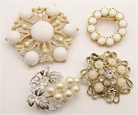 (4) Vintage Brooches; Pearl Cluster Leaves,