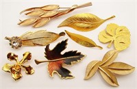 (8) Vintage Gold Tone Leaf Brooches