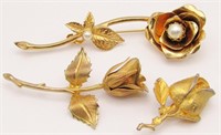 (3) ROSE GOLDTONE BROOCHES